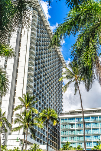 Colorful Hotels Buildings Palm Trees Waikiki Beach Honolulu Hawa © Cavan