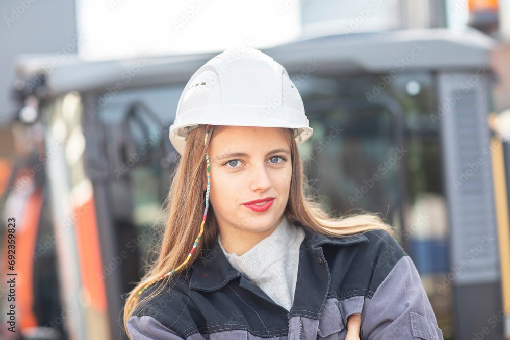 Young engineer female with helmet watching Young engineer female with helmet watching