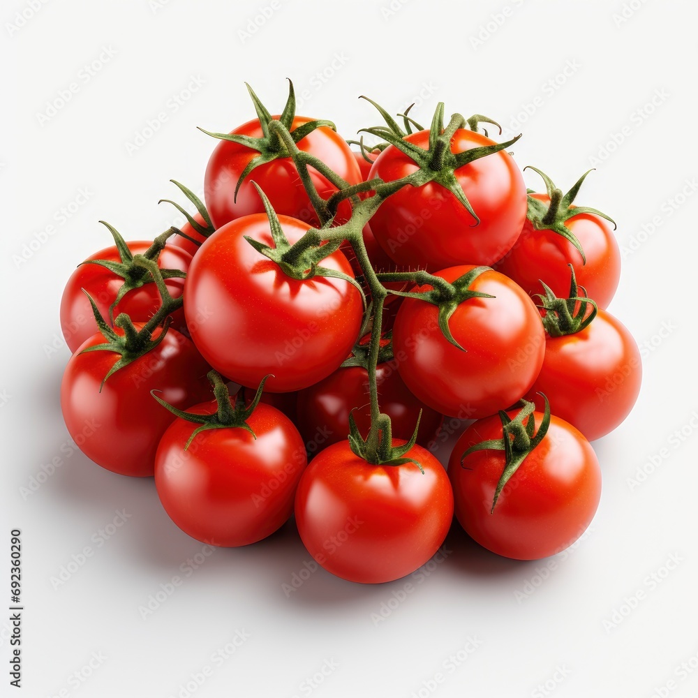 Top View Bunch Fresh Tomatoes Isolated, White Background, For Design And Printing