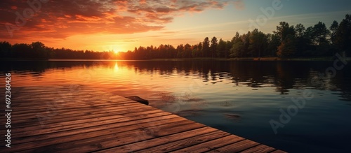 Fototapeta Naklejka Na Ścianę i Meble -  Sunset next to lake on wooden platform