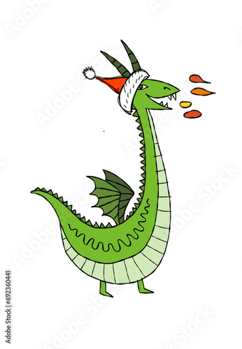 Funny Dragon character with Santa hat. Symbol of Chinese New Year 2024 for yo...