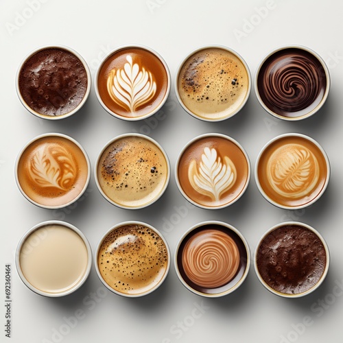 Top View Side Coffee Cup Collection, White Background, For Design And Printing