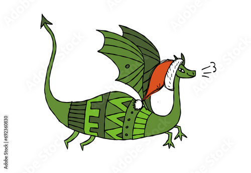 Funny Dragon character with Santa hat. Symbol of Chinese New Year 2024 for yo...