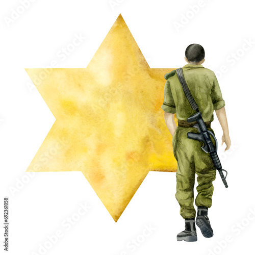 Jewish Israel army soldier with riffle and gold yellow star of David watercolor illustration isolated on white background. Memorial day of fallen soldiers, Yom HaZikaron and Remembrance photo