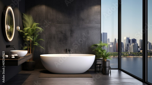 Interior of modern bathroom with concrete and black © BornHappy
