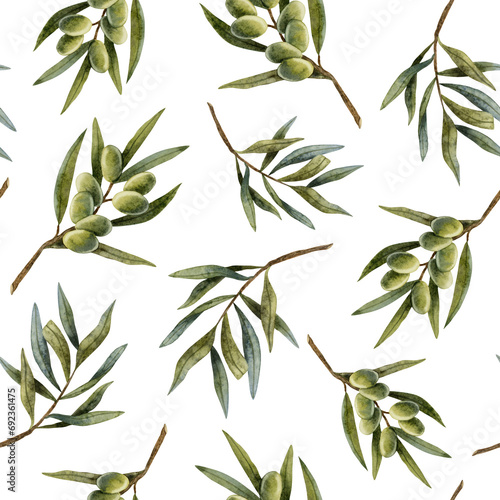 Green olive tree branches with leaves and fruits watercolor seamless pattern on white background. Hand drawn olives botanical illustration for product design  print  fabrics and wrapping