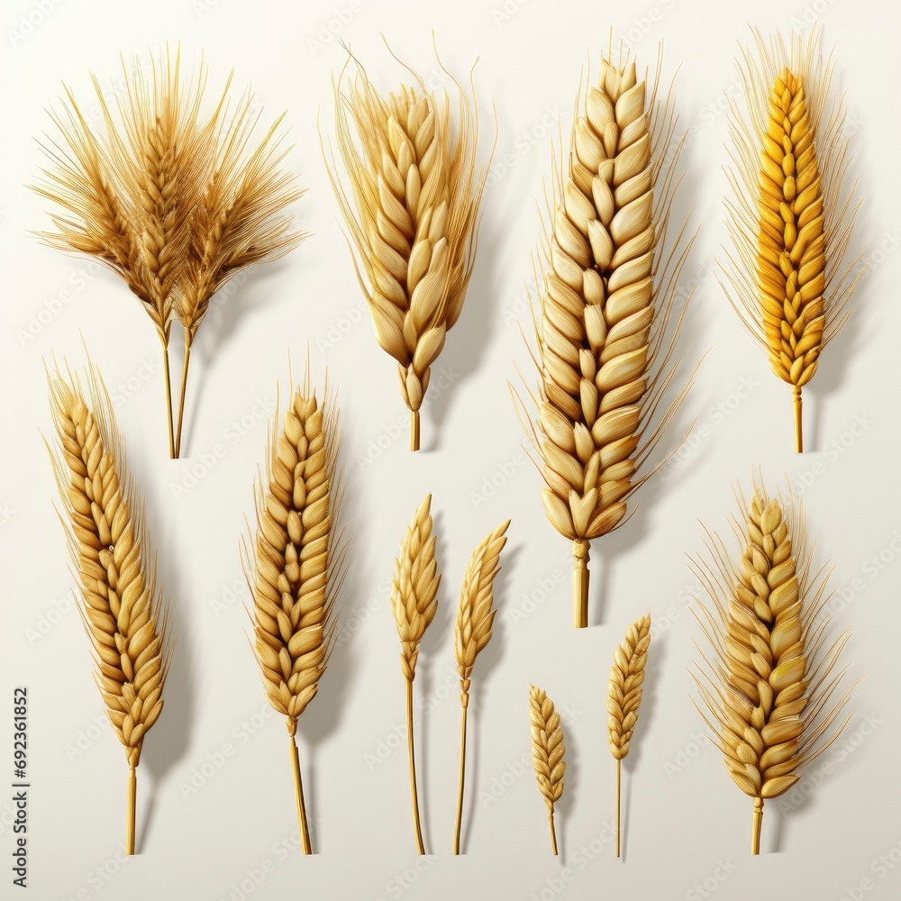 Wheat Ears Heads Set, White Background, For Design And Printing Wheat Ears Heads Set, White Background, For Design And Printing