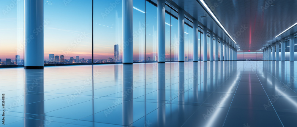 Light blue blurred office or mall hallway panorama.generative ai Light blue blurred office or mall hallway panorama.generative ai
