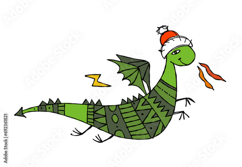 Funny Dragon character with Santa hat. Symbol of Chinese New Year 2024 for yo...