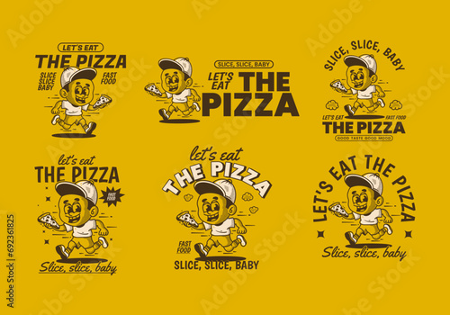 Let's eat the pizza. Boy character running and holding a slice pizza