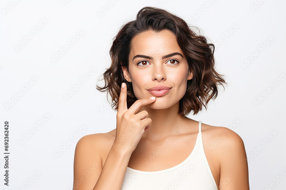Pretty portrait of young beautiful woman and adult thinking looking left and smiling a bit having a finger at her lips, isolated on white background Pretty portrait of young beautiful woman and adult thinking looking left and smiling a bit having a finger at her lips, isolated on white background