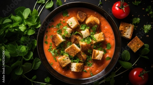 Top View of Gazpacho Soup with Croutons