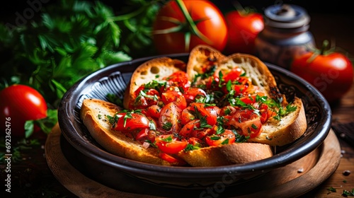 Top view of tomato bruschetta on toasted bread