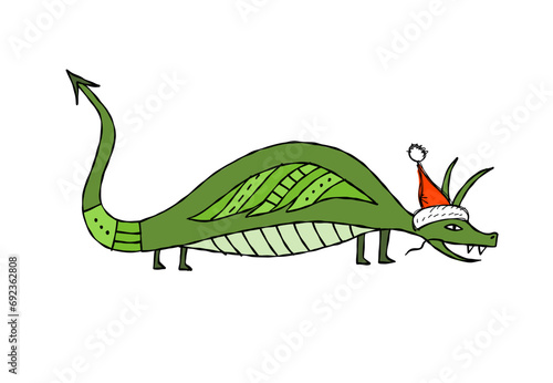Funny Dragon character with Santa hat. Symbol of Chinese New Year 2024 for yo...