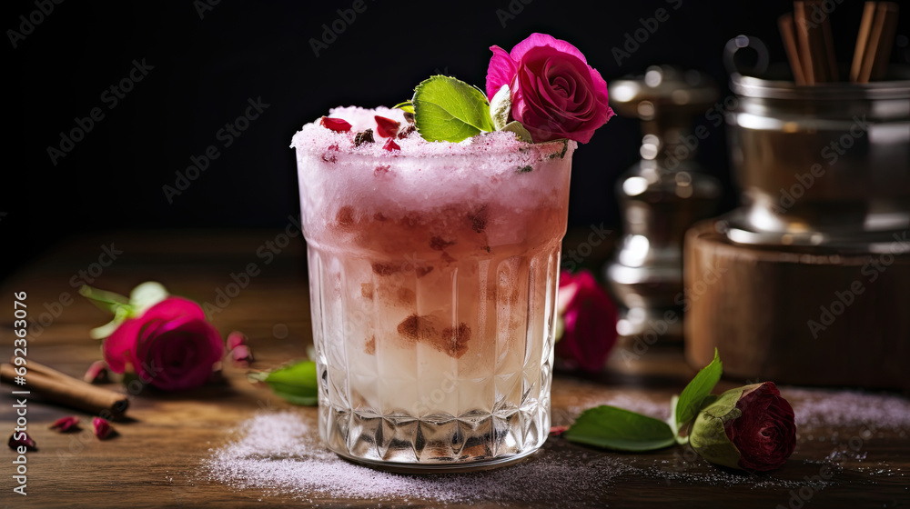 Rose Cardamom Cocktail icing sugar cinnamon garnish AI Generative Rose Cardamom Cocktail icing sugar cinnamon garnish AI Generative