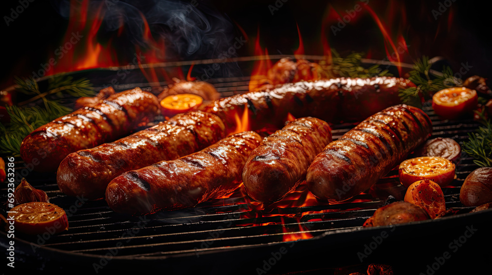 Sausages on a grill with smoke and burning embers AI Generative Sausages on a grill with smoke and burning embers AI Generative