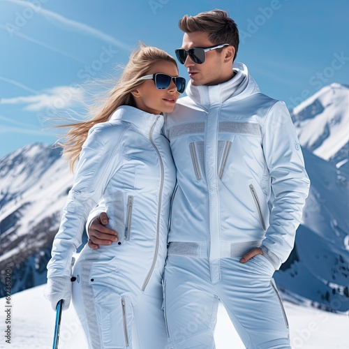 Fashionable fashion couple in love in sport outfit, skiing on mountain on cold winter day. 