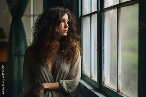 Depressed woman standing with arms crossed looking through window at home Free Download Depressed woman standing with arms crossed looking through window at home - GFXLoad