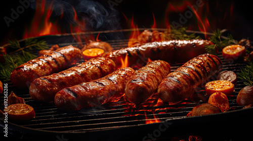 Sausages on a grill with smoke and burning embers AI Generative