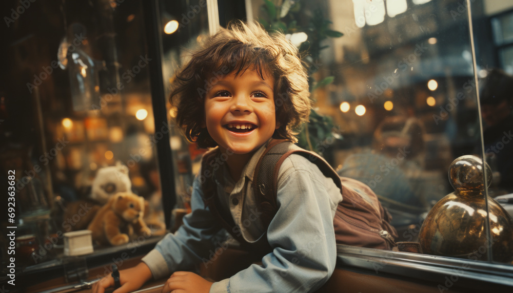 Vintage polaroid picture, 1996s 10 years old child looking excited trough window from a toy store in London, generative ai.