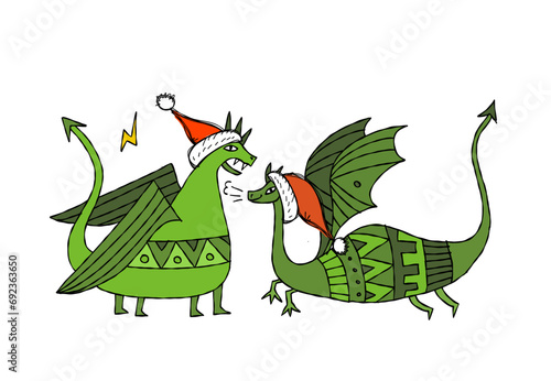 Couple of Dragons character with Santa hats. Symbol of Chinese New Year 2024 for your design (ID: 692363650)