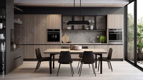Modern kitchen interior with furniture 3d rendering