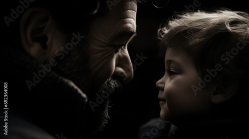 A touching and sincere close-up portrait of father and son. Fatherhood beyond stereotypes. Father's day concept.