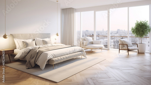 Scandinavian white minimalist bedroom with panoramic elegant