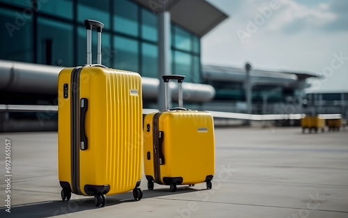 Two yellow luggage suitcases at the airport, Generative AI