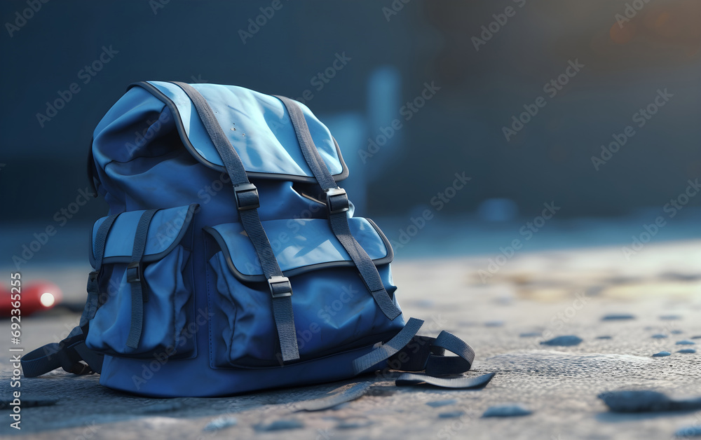 A blue backpack on the ground, Generative AI - obrazy, fototapety, plakaty 