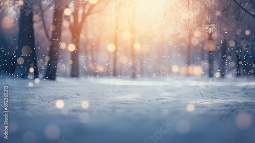 cold foggy winter space of snow with some magic lights  nature in winter with bokeh  magic place in sunset