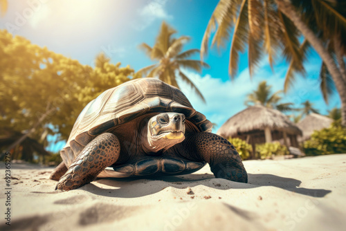 Galapagos tortoise on the sand with palm trees and sunshine on the background photo