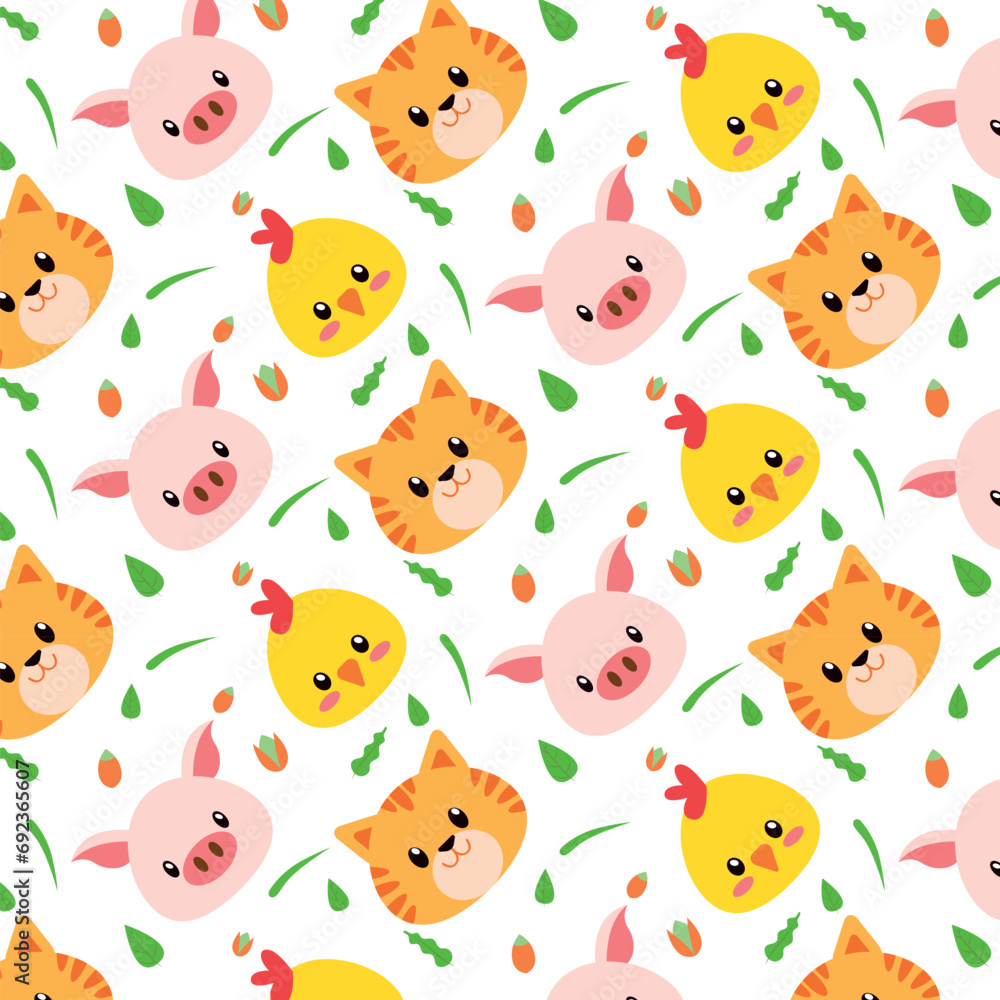 Colorful cute animals doodle seamless pattern