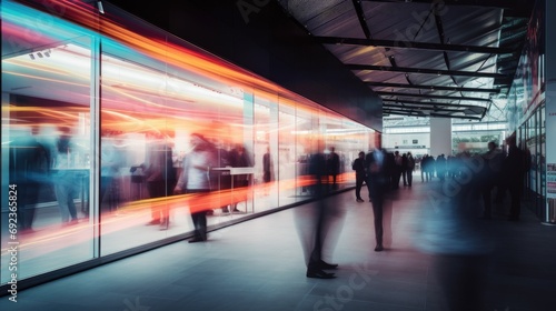 IT business convention, demonstration booth. Long exposure. Blurred human motion