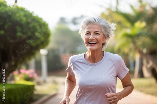 Portrait of smiling senior woman jogging in park on a sunny day.