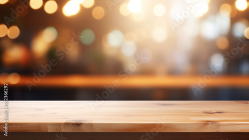 Wood table top on blurred of counter cafe shop