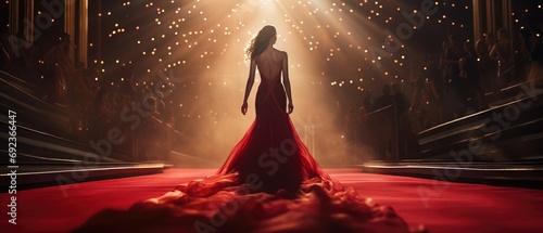 Elegant woman in red gown walking up grand staircase at gala event. Luxury and high fashion. photo