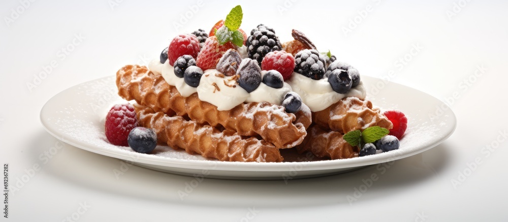 Tower of Sicilian cannoli with assorted flavors on white dish atop wicker centerpiece. Tower of Sicilian cannoli with assorted flavors on white dish atop wicker centerpiece.