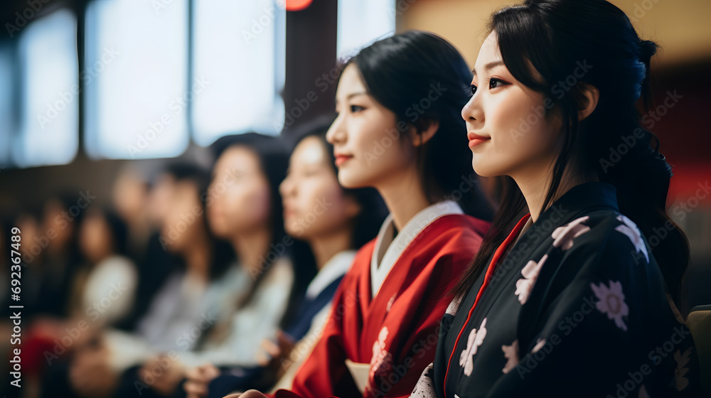 A horizontal side view shot of Japanese women joining the seminar for women. Generative AI. - obrazy, fototapety, plakaty 