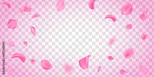 Pink sakura falling petals vector background. Flying rose illustration. Love card template