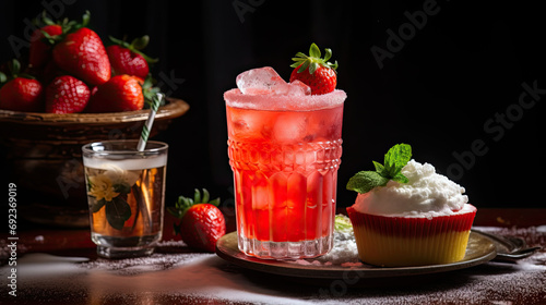 A glass strawberry cocktail with creamy cup cake AI Generative