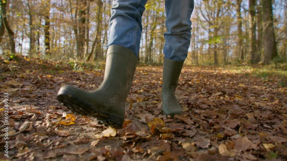 Slow motion handheld. Wellington boots walking through fallen Autumn leaves Slow motion handheld. Wellington boots walking through fallen Autumn leaves
