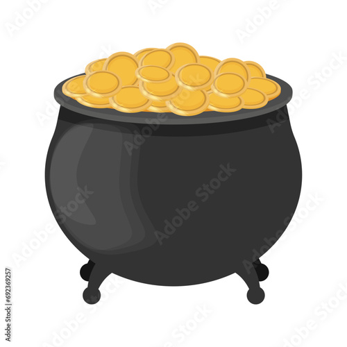 Pot of gold coins icon isolated on transparent and white background. Close-up element for st. patrick's day design decoration. Pot of gold. Holiday vector cartoon illustration.