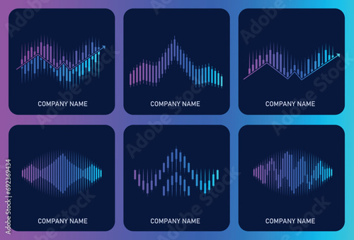Set of different candle stick charts for trading and finance business reports and presentations. Graph showing profit and loss trends. vector waves with lines in a purple blue gradient