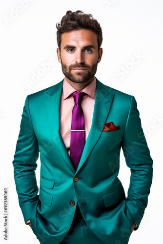 Portrait of a confident business man in a silk suit with green emerald and purple colors isolated on white background photo