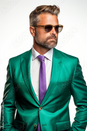 Portrait of a confident business man in a silk suit with green emerald and purple colors isolated on white background photo