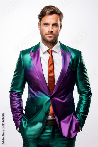 Portrait of a confident business man in a silk suit with green emerald and purple colors isolated on white background photo