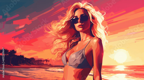 Illustration of portrait of a young blonde caucasian woman wearing a bikini on the beach with sunset colors and hair blowing in the wind