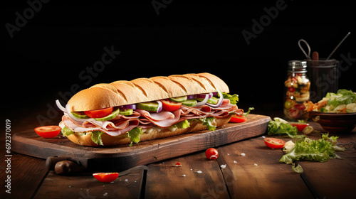 Tasty submarine sandwich on the wooden tableAI Generative photo