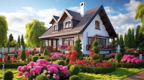 beautiful house in the spring park generated by AI tool